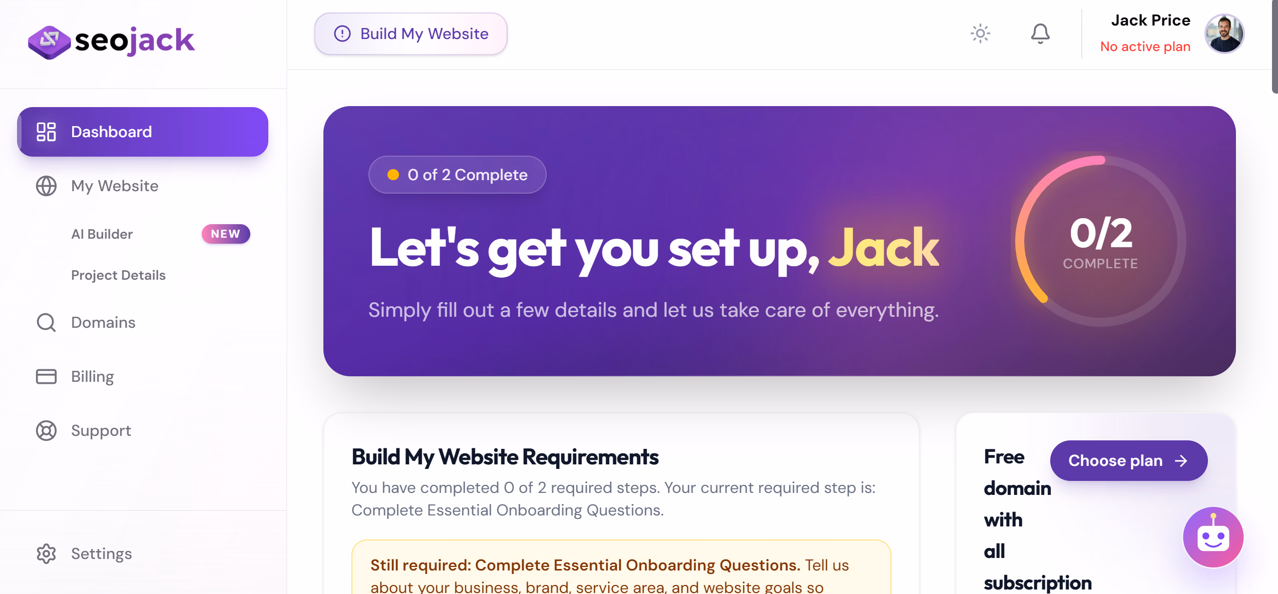 SEOJack CRM dashboard for managing leads and website update requests
