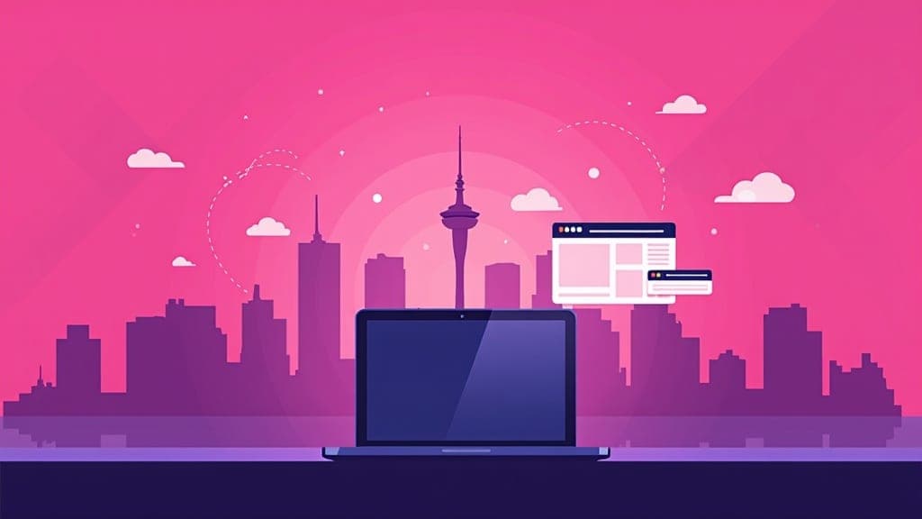 Manchester city skyline with laptop showing website design